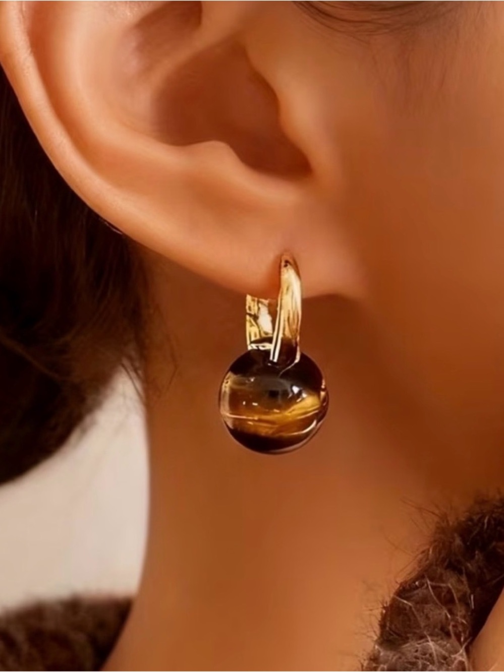 Tiger’s Eye Gold Tone Drop Hoop Earrings Boho Brown Gemstone